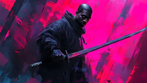 Neon samurai warrior in bold pink digital abstraction.