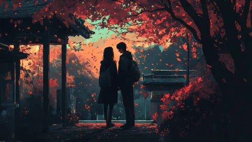 Twilight confessions beneath crimson autumn lantern leaves.