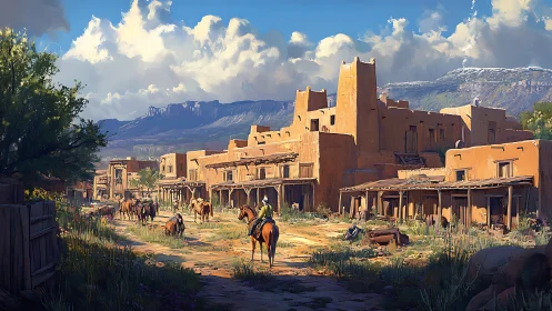 Quiet adobe frontier town street with riders and horses.