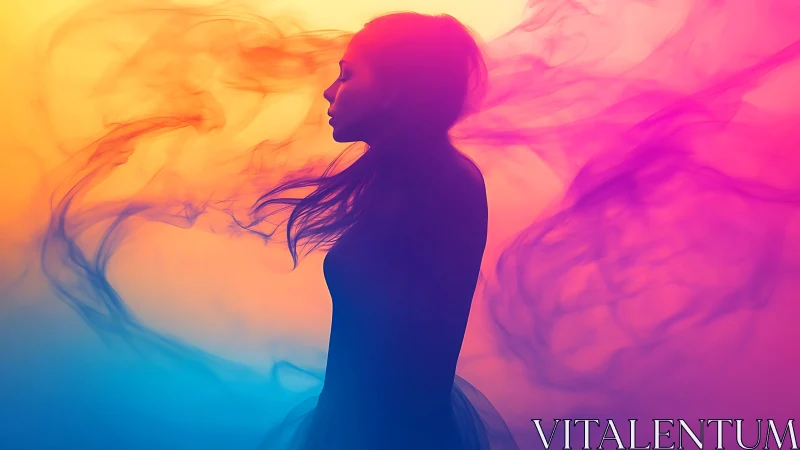 Silhouette drifts through neon mist and sunrise color waves.