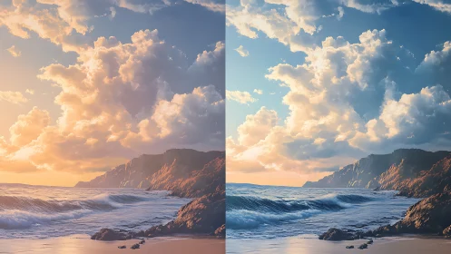 Warm and cool coastal skies meeting above gentle waves.