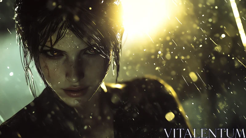 Wet-haired woman in rain with strong backlight illumination.