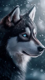 Snowlit husky gazes calmly ahead with bright blue eyes
