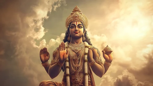 Sunlit celestial deity poised in golden, cloudlit silence.
