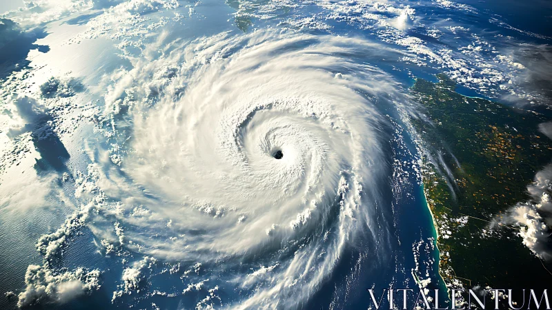 Photorealistic satellite view of spiraling hurricane system.
