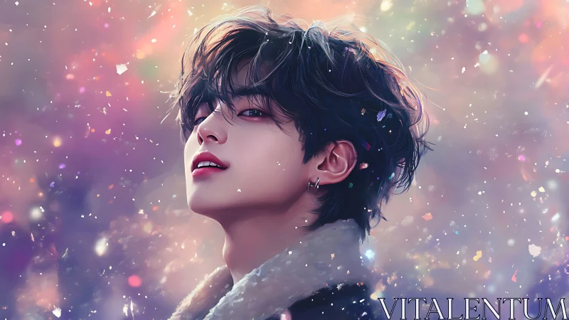 Iridescent portrait of soft-lit youth in particle-laden ether.