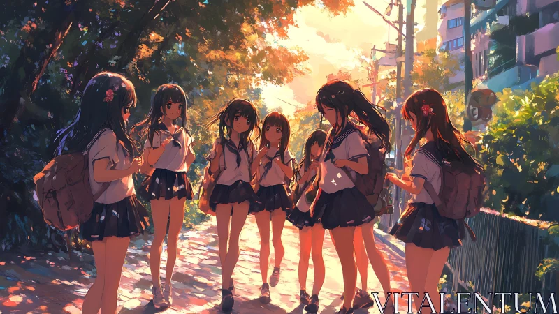 Sunlit after-school stroll with friends on a leafy lane.