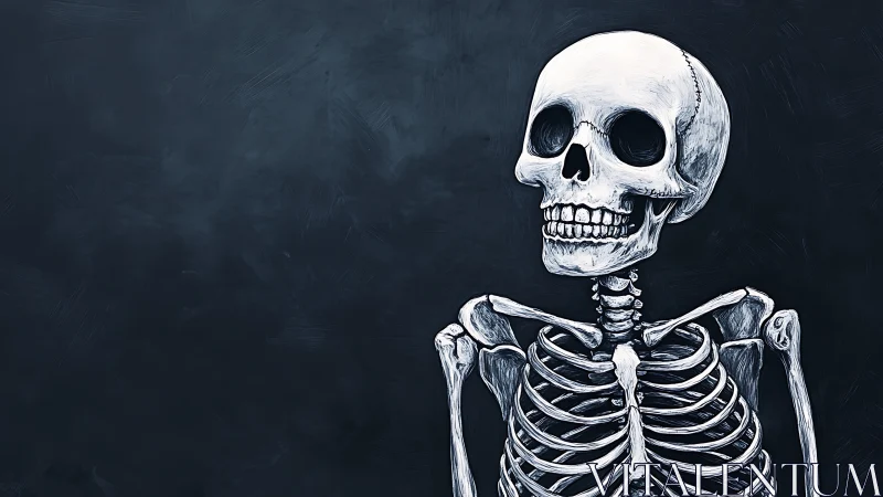 Chalk-white skeleton grins brightly against storm-dark void