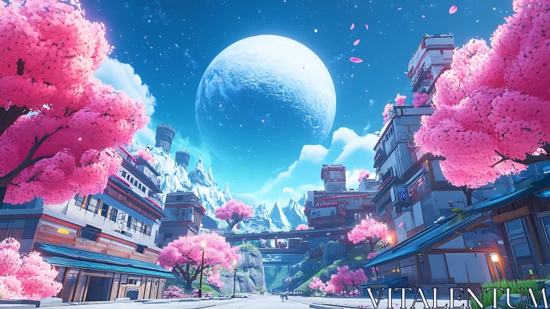 Futuristic cherry blossom city opens toward colossal blue moon