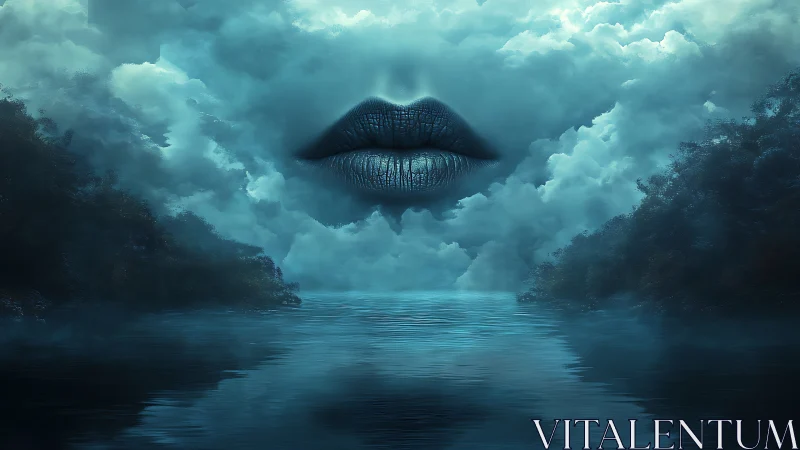 Cloud-embedded lips hover symmetrically above reflective water