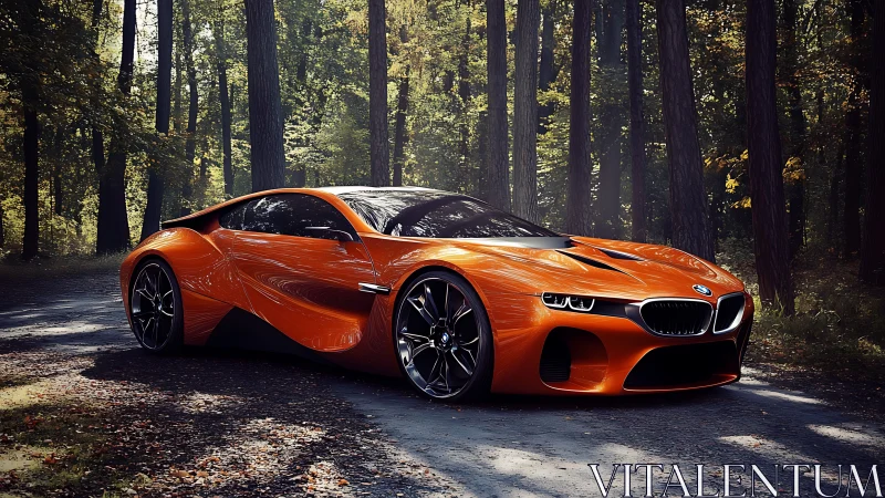 Orange BMW concept supercar on forest road at dusk.