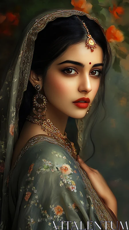 Digital portrait of woman in embroidered floral saree.