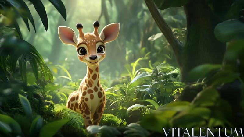 Digital painting of baby giraffe in luminous jungle clearing.