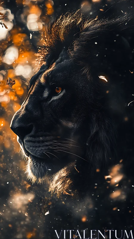 Dark lion portrait glows through embers and drifting sparks