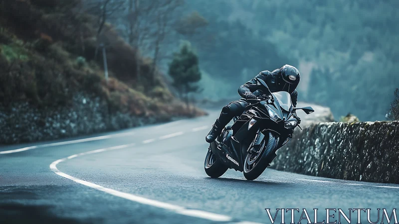 Motorcyclist carving wet mountain bend in cool blue light.