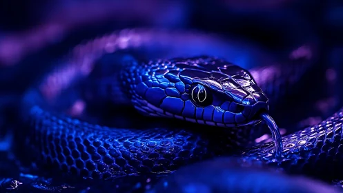 Ultraviolet side-lit serpent in coiled defensive resting posture