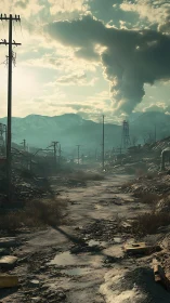 Deserted roadway through derelict settlement and mountains.