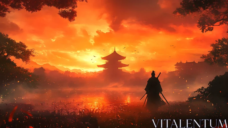 Samurai silhouette before pagoda at vivid sunset over lake.