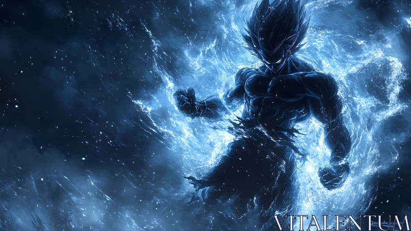 Cosmic warrior silhouette in blue energy storm glow.