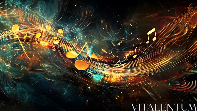Golden musical notes traverse abstract light trails in space