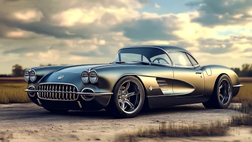 Classic silver sports coupe under dramatic evening sky.