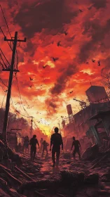 Fiery apocalyptic sky glows above survivors on ruined road