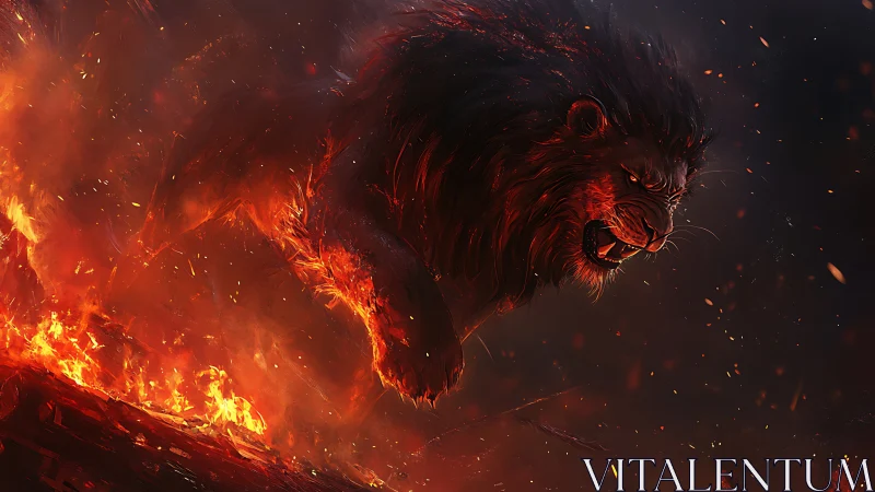 Fiery black lion charging through burning inferno scene