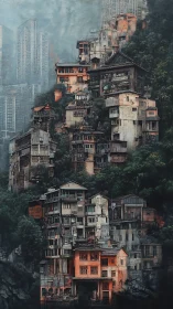 Misty hillside megaslum rises against distant glass towers