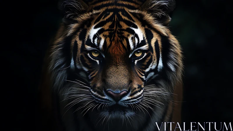 Golden-eyed tiger in quiet shadow, glowing with wild calm.