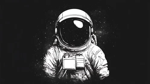 Astronaut in monochrome suit floating alone in deep space.
