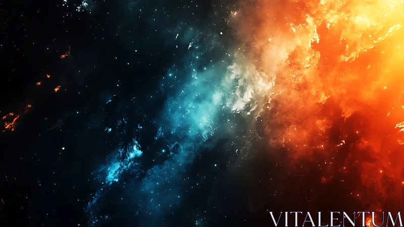 Bipolar nebula cloudscape with cyan core and orange plasma front