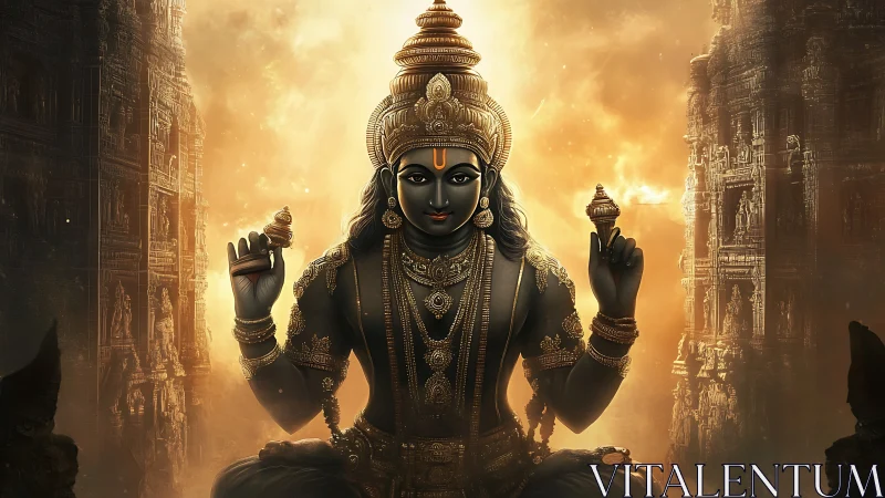 Golden temple deity radiates serene cosmic twilight grace.