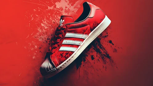 Red adidas sneaker on splattered red backdrop, high contrast