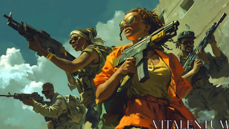 Armed squad advances under stormy skies in bold painterly style