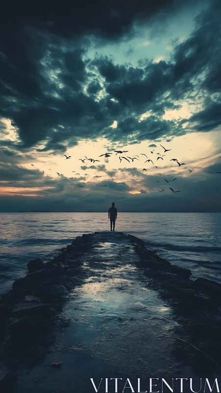 Solitary sunset walk toward restless sea and circling birds.