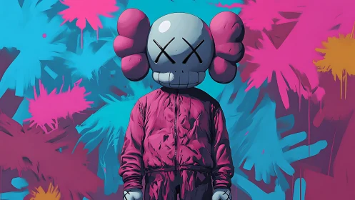 Cartoon figure in pink suit against neon splatter backdrop.