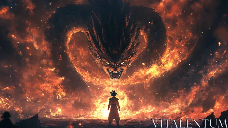 Silhouetted figure confronts fiery dragon-like entity in flames