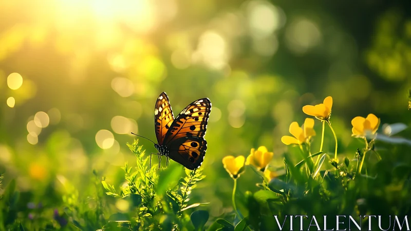 Telephoto macro of orange butterfly on backlit meadow foliage