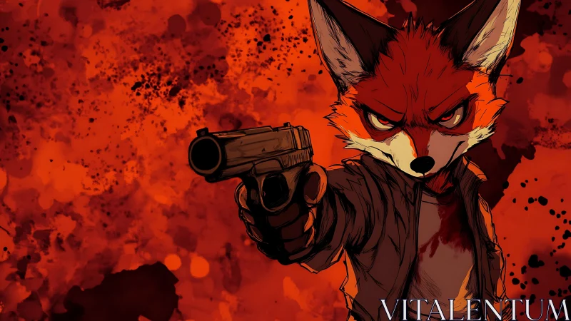 Armed fox vigilante levels handgun against blood-red backdrop