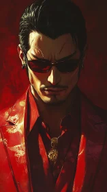 Crimson-suited stranger in shades and quiet golden fire.