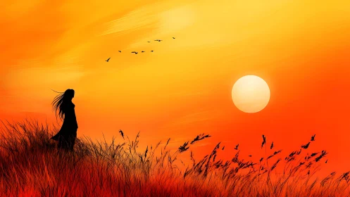 Silhouette girl watching ember grasses sip the molten sun.