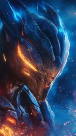Cybernetic warrior portrait with molten orange energy cores.