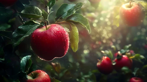 Sunlit red apple hangs ripe with dewdrops in lush orchard