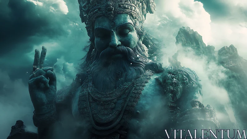 Colossal mythic stone deity emerging from hyperreal cloudscape.