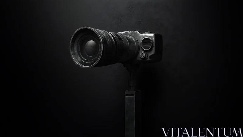 Photorealistic telephoto camera on dark minimalist backdrop.