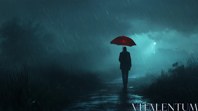 Solitary figure walks under a red umbrella through misty rain