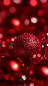 Red glitter bauble with soft bokeh holiday background.