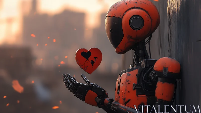 Orange robot observing cracked heart symbol in alleyway scene.