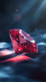 Radiant red gemstone glows softly on a cool silky surface