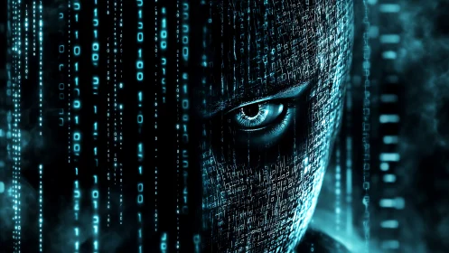 Cybernetic face emerges through cascading binary code haze